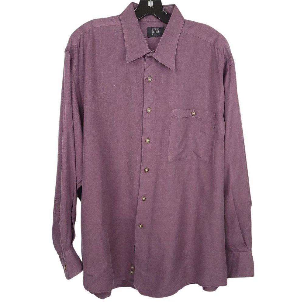 Ike Behar Long Sleeve Button Up Shirt Size XL Plum Purple Silk Rayon Pinpoint